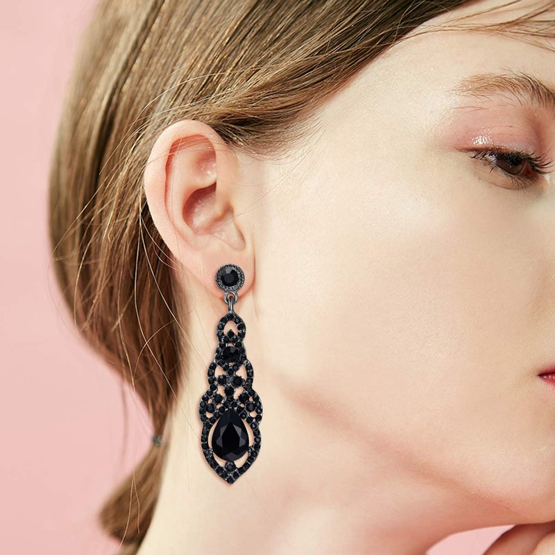 BriLove Wedding Bridal Dangle Earrings for Women Crystal Art Deco Teardrop Hollow Chandelier Jewelry Black Black-Silver-Tone - Image 3